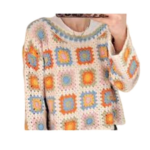 Crochet Cotton Multicolor Granny Square Top Long Sleeve Festival Fall - Picture 7 of 7